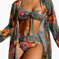 3-teiliges Bikini-Set - Damen Strand-Outfit mit Cover-up in Grün