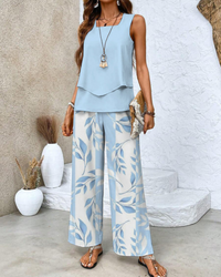 Damen Sommer Set Zweiteiler | Ärmelloses Top & Gerade Hose in Blau