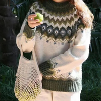 Norweger Grobstrickpullover Damen | Winterpullover Mit Rundhalsausschnitt in Khaki