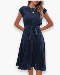 Damen Elegantes Plissee Kleid | Taille Schleife in Dunkel Blau