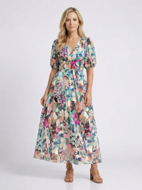 Eulalie | V-Ausschnitt Kurzarm Kleid mit gerafftem Taillenbereich Midi in Floral