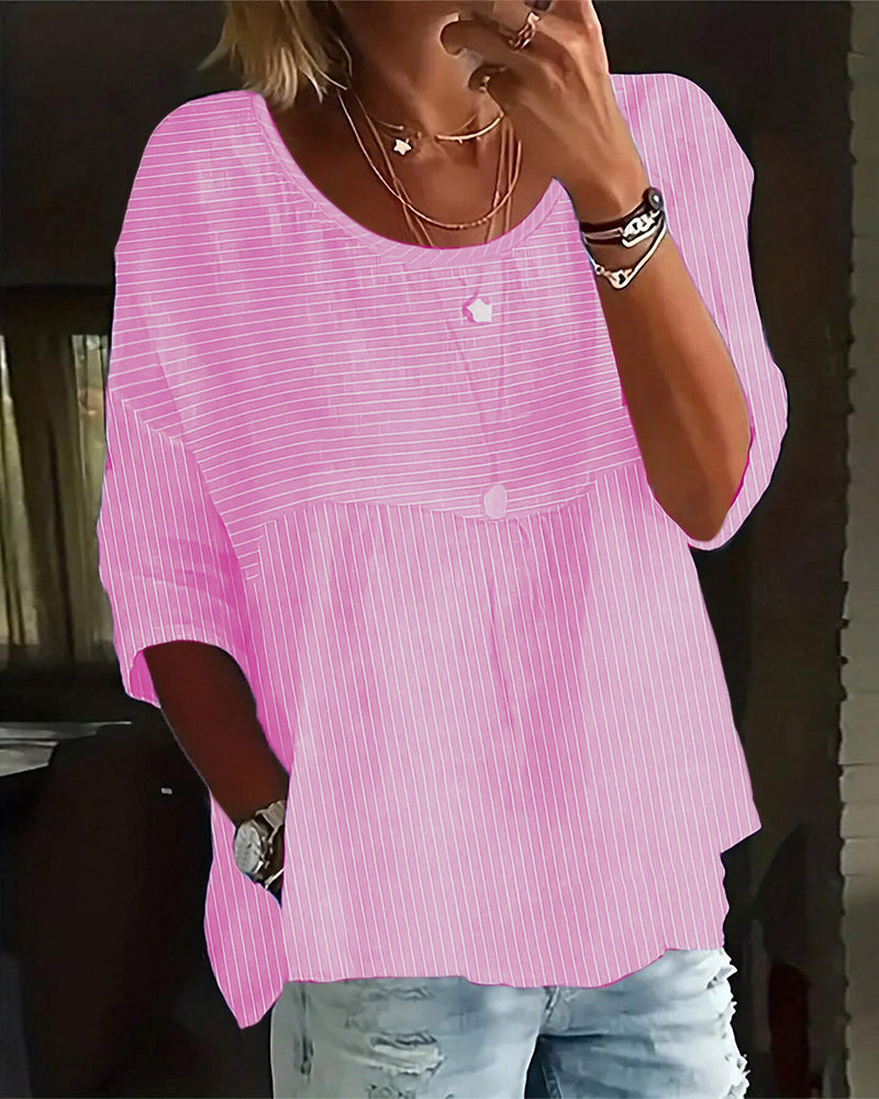 Abigail - Lässige, gestreifte Bluse mit lockerer Passform und Knopfleiste für Damen | Gestreifte Bluse mit Rundhalsausschnitt und halblangen Ärmeln