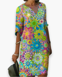 Damen Midi Kleid mit V-Ausschnitt | Blumenlook in Grün