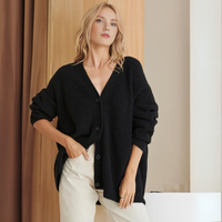 Strickjacke Damen Oversize Gerippt | Locker Lang in Schwarz