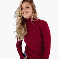 Damen Turtleneck Pullover mit gerippten Bündchen und Saum in Weinrot