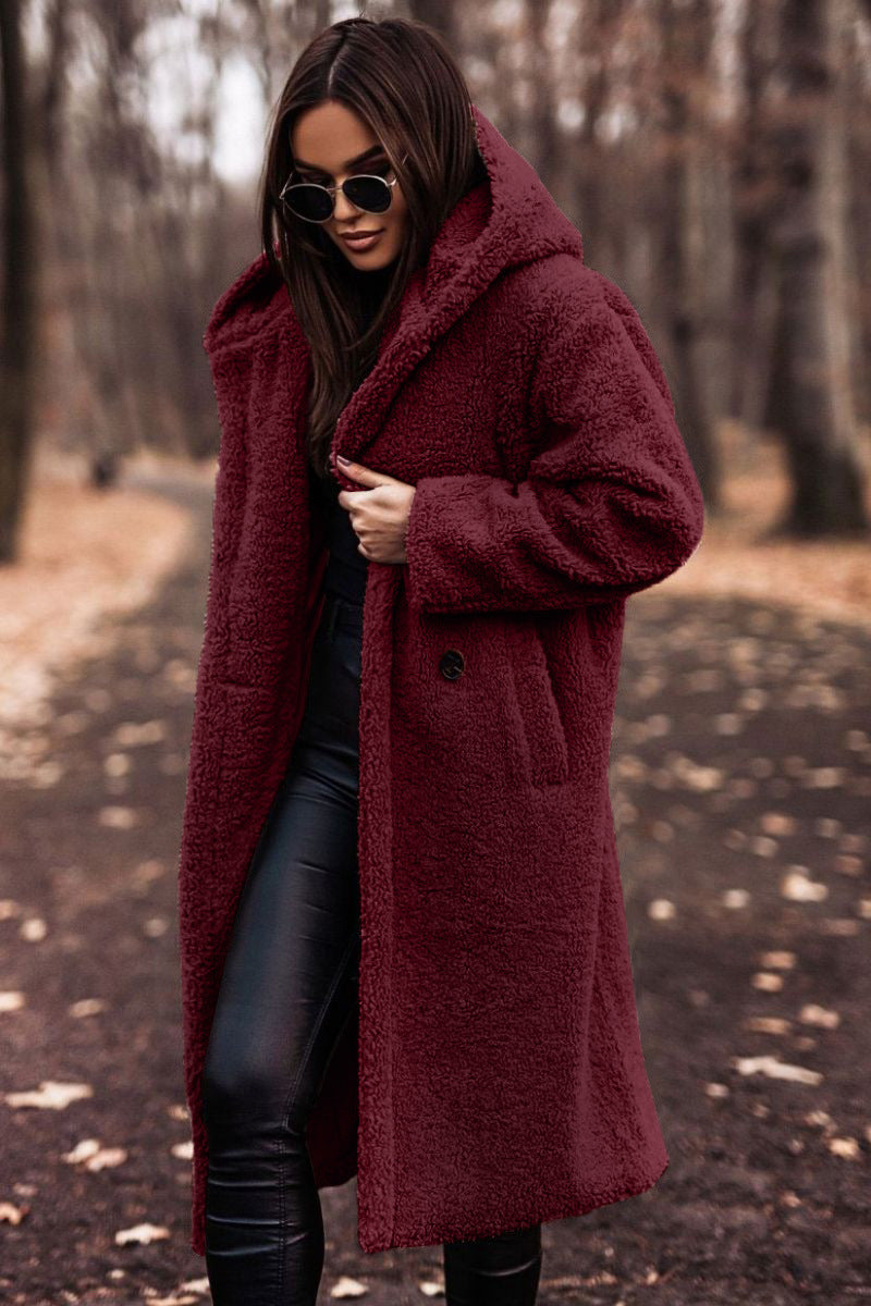 Damen Teddyfell-Mantel mit Kapuze – Stylischer und warmer langer Wintermantel für kalte Tage