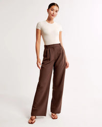 Damen Hohe Taille Lang Stoffhose in Dunkelbraun