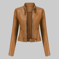 Lara | Damen Casual Gürtel Bikerlederjacke in Braun