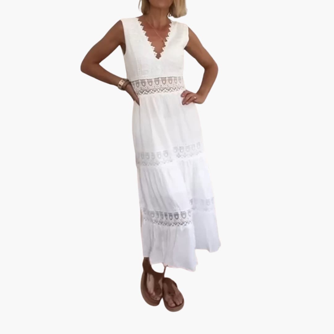 Damen Spitzenkleid ohne Ärmel mit V-Rücken und Stufenrock