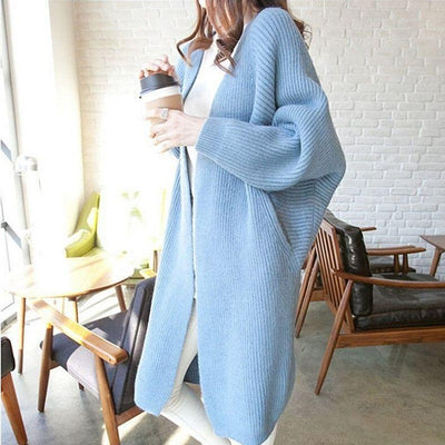 Damen Oversized Strickcardigan – Weicher, Langer Cardigan in Blau und Gelb – Bequemer Offener Grobstrick für Herbst & Winter