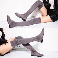 Damen Overknee-Stiefel – Modische Hohe Stiefel mit Blockabsatz und Stretch-Passform in Grau