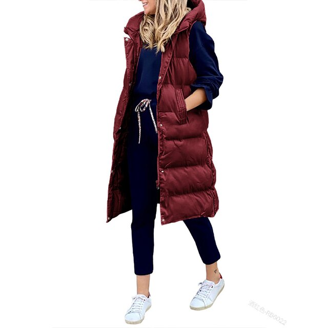 Lange Damen Steppweste mit Kapuze – Modische, warme Weste für Herbst und Winter, ideal für Layering und Freizeitoutfits
