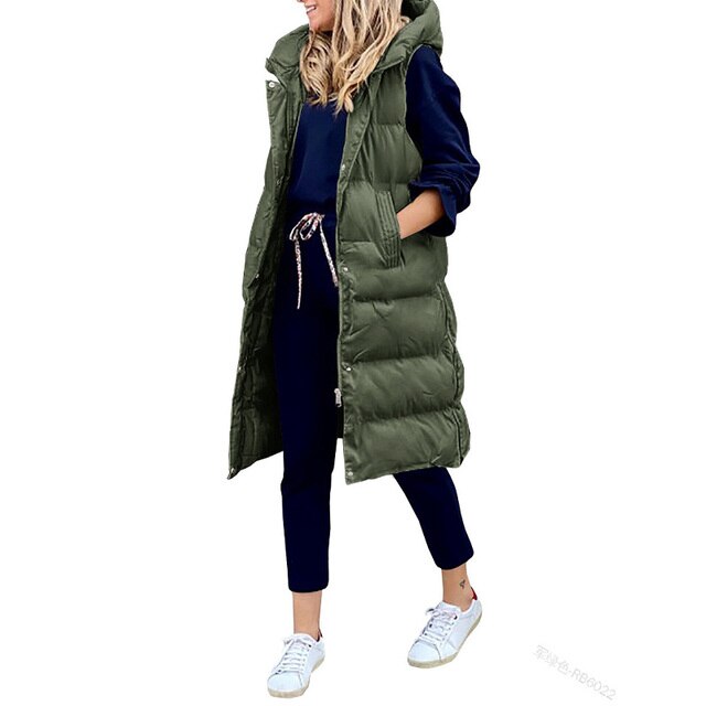 Lange Damen Steppweste mit Kapuze – Modische, warme Weste für Herbst und Winter, ideal für Layering und Freizeitoutfits