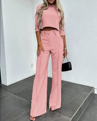 Damen Zweiteiliges Set – Elegantes Crop-Top und Weite Hose für einen modischen Auftritt in Rosa