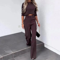 Damen Zweiteiliges Set – Elegantes Crop-Top und Weite Hose für einen modischen Auftritt in Kastanienbraun
