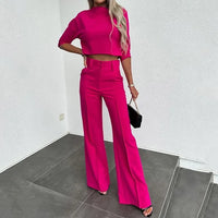 Damen Zweiteiliges Set – Elegantes Crop-Top und Weite Hose für einen modischen Auftritt in Fuchsie