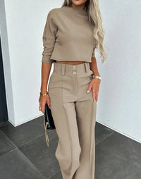 Damen Zweiteiliges Set – Elegantes Crop-Top und Weite Hose für einen modischen Auftritt in Khaki