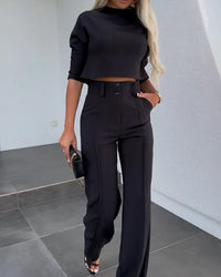 Damen Zweiteiliges Set – Elegantes Crop-Top und Weite Hose für einen modischen Auftritt in Schwarz