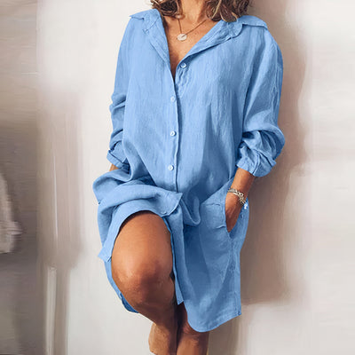 Damen Leinen-Kleid mit Langarm und Knopfleiste