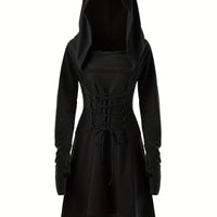 Damen Halloween-Kleid mit Kapuze | Schnürung & Asymmetrischer Saum in Schwarz