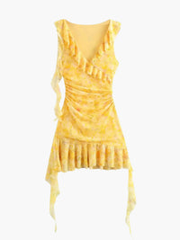 Damen Blumen Ärmellose Mini Gelbe Kleid in Gelb