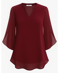 Damen Elegante V-Ausschnitt Bluse | 3/4 Ärmel in Weinrot