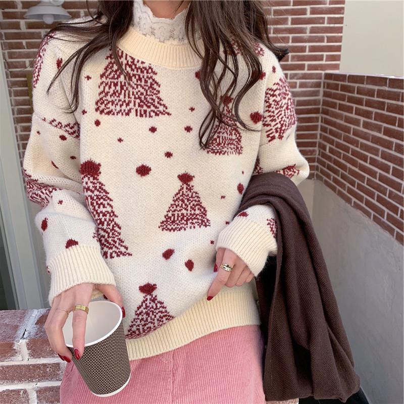 Roter Weihnachtsbaum Jacquard Pullover für Damen