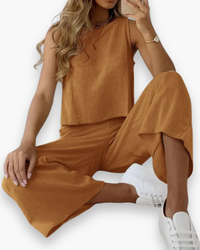 Damen Stilvolles Twin Set | Elegantes Zweiteiliges Ensemble in Hellbraun