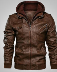 Stefan | Herren Klassische Biker Lederjacke mit Kapuze in Braun