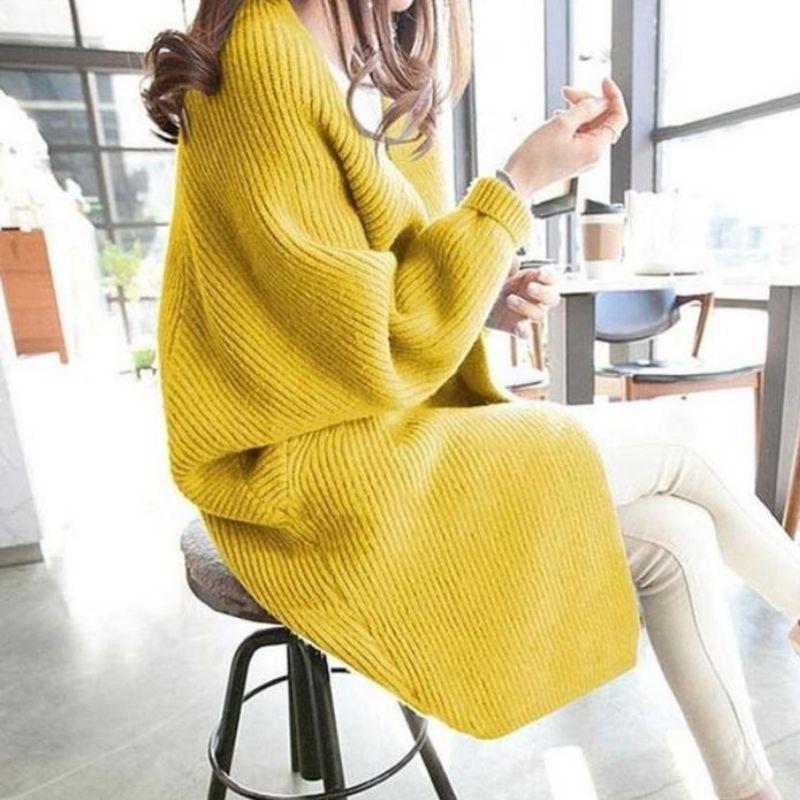 Damen Oversized Strickcardigan – Weicher, Langer Cardigan in Blau und Gelb – Bequemer Offener Grobstrick für Herbst & Winter