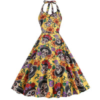Halloween Kostüm Kleid mit Totenkopf Druck | Midi in Gelb