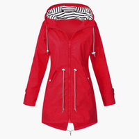 Damen Regenjacke mit Kapuze und Kordelzug an der Taille in Rot