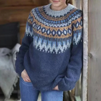 Norweger Grobstrickpullover Damen | Winterpullover Mit Rundhalsausschnitt in Blau