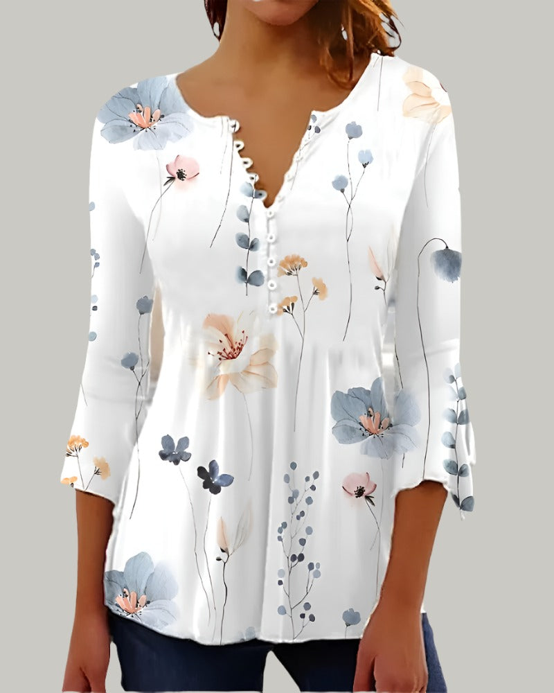 Elizabeth - Elegante Henley-Bluse mit Blumendruck | Schicke Bluse mit Henley-Ausschnitt und floralem Design