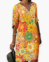 Damen Midi Kleid mit V-Ausschnitt | Blumenlook in Gelb