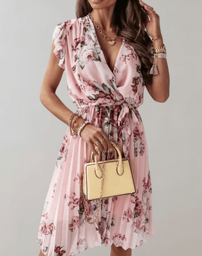 Clara - Kurzarmshirt mit Blumendruck, V-Ausschnitt und Rüschen