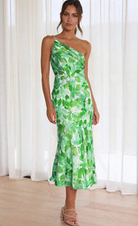 Aeris | Langes Asymmetrisches Kleid mit Blumenmuster in Grün