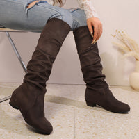Overknee Stiefel Damen | Schlupfform mit Niedrigem Blockabsatz in Braun