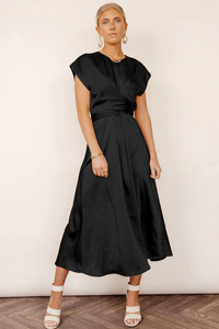 Damen Kurzarm Wickel Midi Hochzeitsgast Kleid in Schwarz