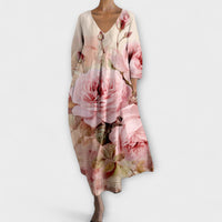 Fiona - Langes, farbenfrohes Kleid mit V-Ausschnitt in Rosa Blumen