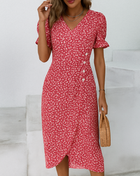 Damen Elegantes Blumen Kleid | V-Ausschnitt in Rot