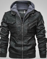 Stefan | Herren Klassische Biker Lederjacke mit Kapuze in Schwarz