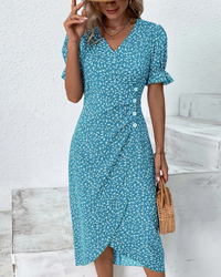 Damen Elegantes Blumen Kleid | V-Ausschnitt in Blau