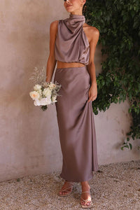Berenie | Damen Hochzeitsgast Oberteil und Rock Set | Zweiteiler in Taupe