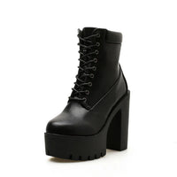Damen Schnürstiefeletten – Plateau-Stiefel mit Blockabsatz und Robuster Sohle in Beige und Schwarz in Schwarz