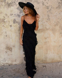 Damen Rüschen Lange Maxi Sommerkleid in Schwarz