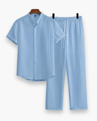 Herren Sommer Zweiteiler mit Kurzarmhemd & Hose | Lässig & Leicht in Hellblau
