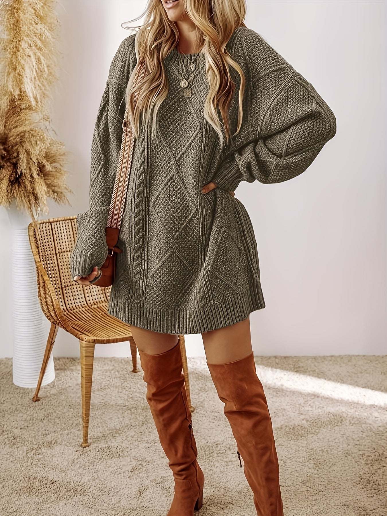 Damen Zopfmusterkleid | Lockeres Langarmkleid