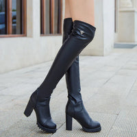 Damen Overknee-Stiefel – Elegante Hohe Stiefel mit Blockabsatz und Robuster Profilsohle in Schwarz