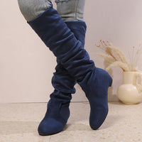 Overknee Stiefel Damen | Schlupfform mit Niedrigem Blockabsatz in Blau